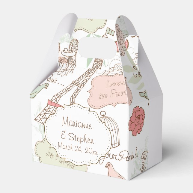 Love Birds Bird Cage Lovers in Paris Eiffel Tower Favor Boxes (Front Side)
