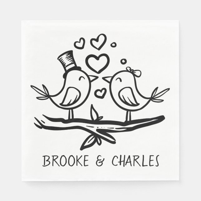 Love Birds Black White Wedding Lovebirds Napkins (Front)
