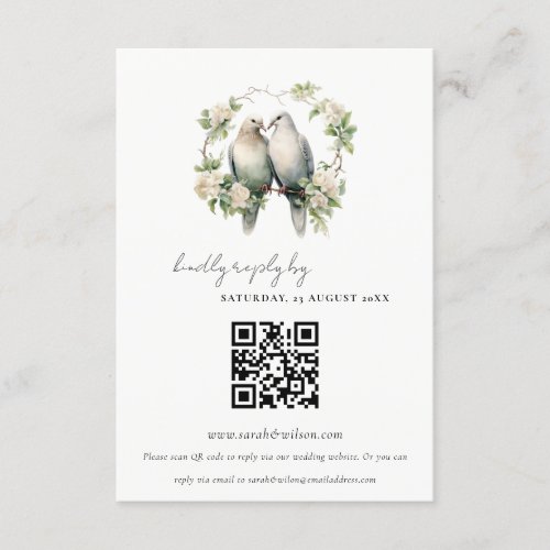 Love Birds Botanical Wreath Wedding QR Code RSVP Enclosure Card