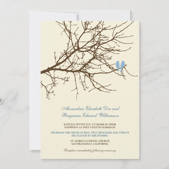 Love Birds Branch Wedding Invitation (brown/blue) (Front)