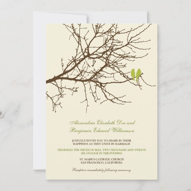 Love Birds Branch Wedding Invitation (brown/lime) (Front)
