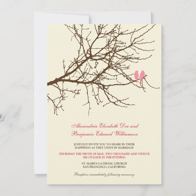 Love Birds Branch Wedding Invitation (brown/pink) (Front)