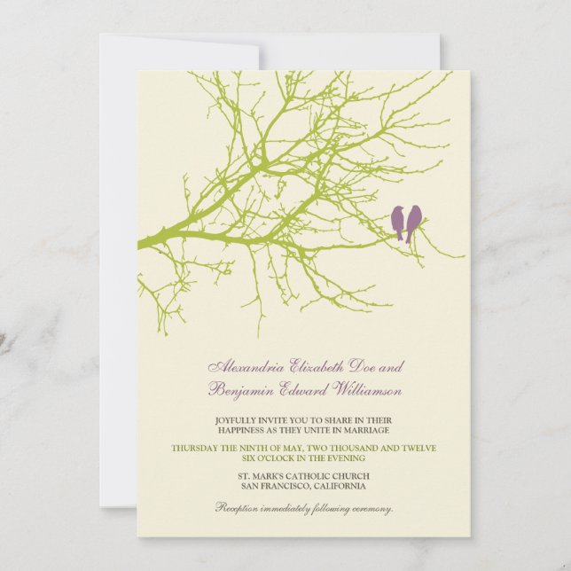 Love Birds Branch Wedding Invitation (lime) (Front)