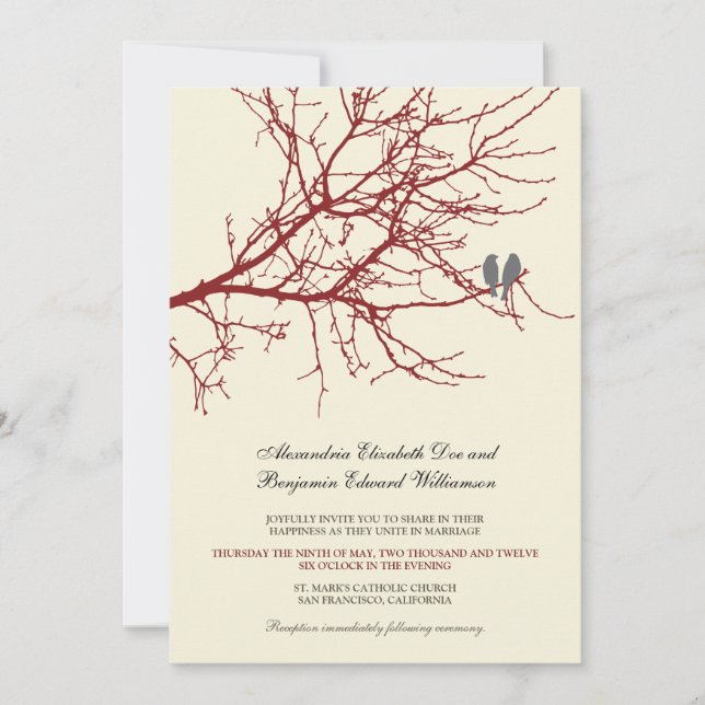 Love Birds Branch Wedding Invitation (maroon) (Front)