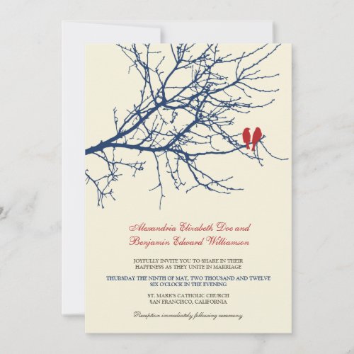 Love Birds Branch Wedding Invitation navy