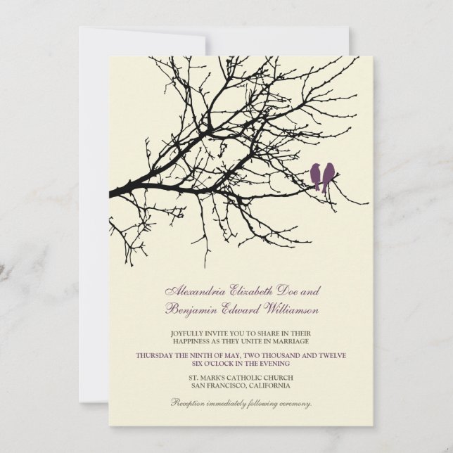 Love Birds Branch Wedding Invitation (plum) (Front)