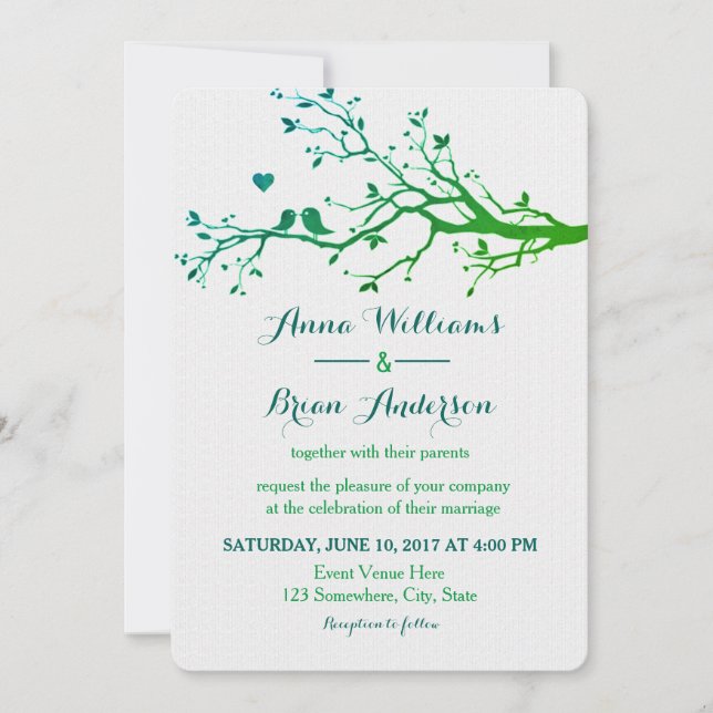 Love Birds Branches Green Hues Wedding Invite (Front)