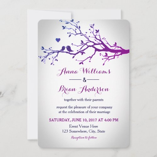 Love Birds Branches Purple  Navy Wedding Invite