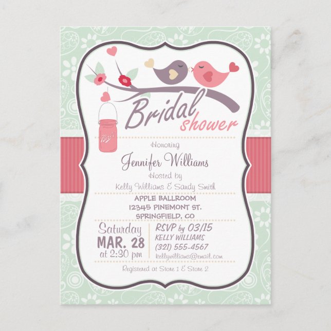 Love Birds Bridal Shower; Sage Green Paisley Invitation Postcard (Front)