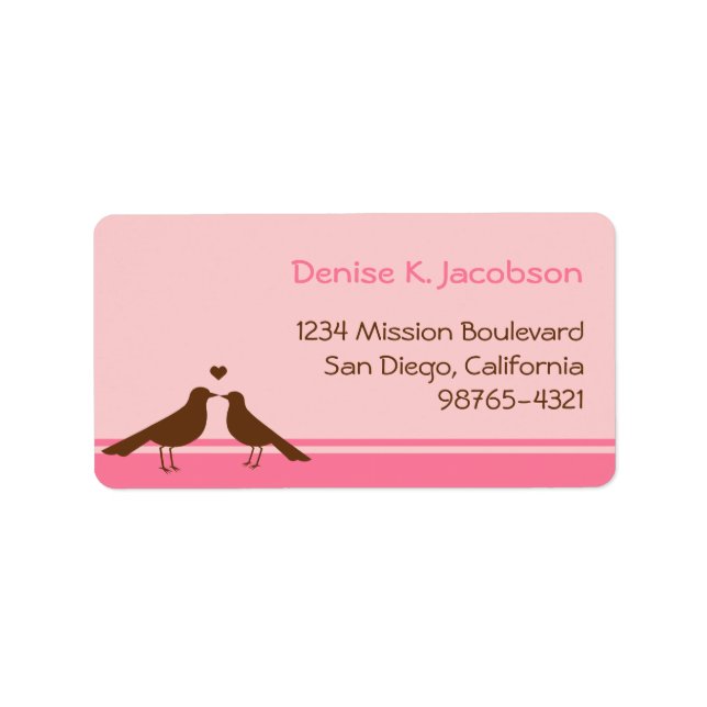Love birds brown pink stripe custom mailing label (Front)