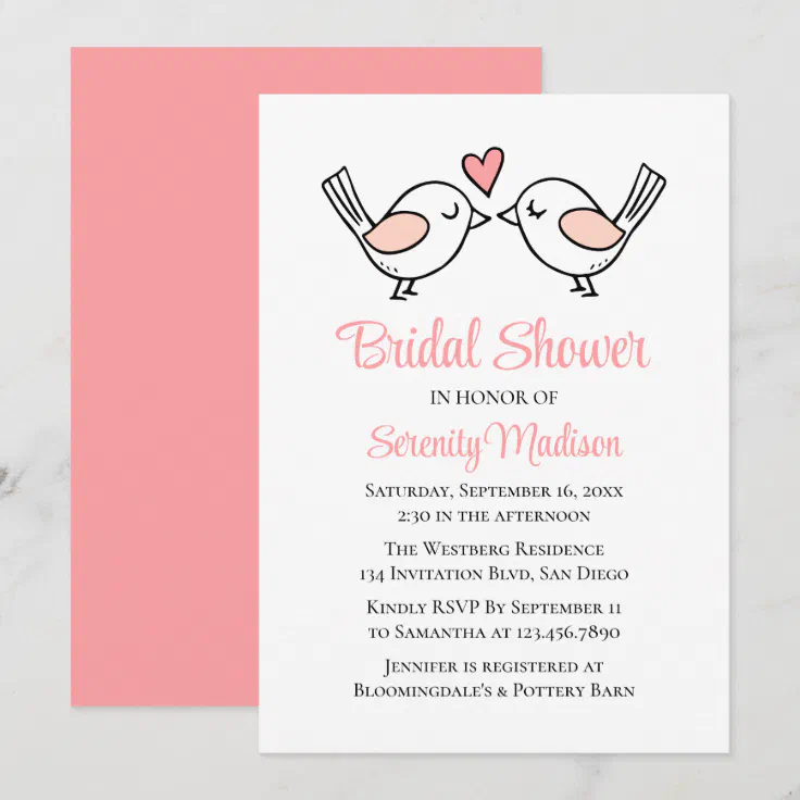 Love Birds Cartoon Lovebirds Pink Bridal Shower Invitation Zazzle