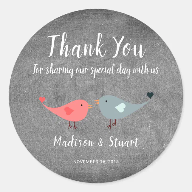 Love birds chalkboard Wedding Thank You Favor Classic Round Sticker ...