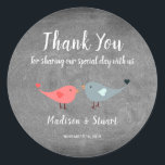 Love birds chalkboard Wedding Thank You Favor Classic Round Sticker<br><div class="desc">Love birds on chalkboard background wedding thank you labels with thank you message. These wedding thank you stickers are the perfect way personalize your wedding favors. Add your bride and groom names and wedding date and you can change the Thank you text.</div>