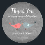 Love birds chalkboard Wedding Thank You Favor Classic Round Sticker<br><div class="desc">Love birds on chalkboard background wedding thank you labels with thank you message. These wedding thank you stickers are the perfect way personalize your wedding favors. Add your bride and groom names and wedding date and you can change the Thank you text.</div>