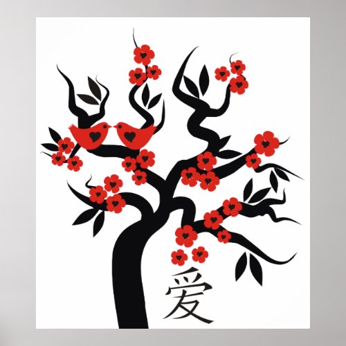 Love Birds Chinese Love Symbol On Sakura Tree Poster