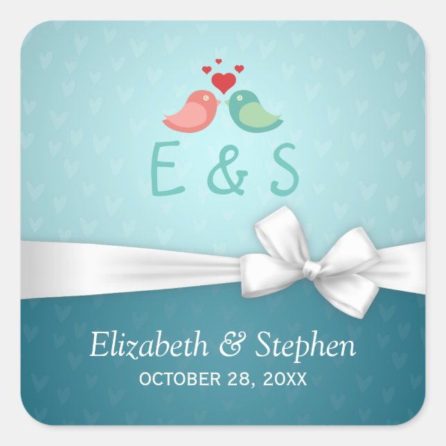 Love Birds Couple Blue White Ribbon Wedding Favor Square Sticker (Front)