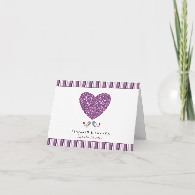 Love Birds Custom Striped Thank You Card (purple) (Front)