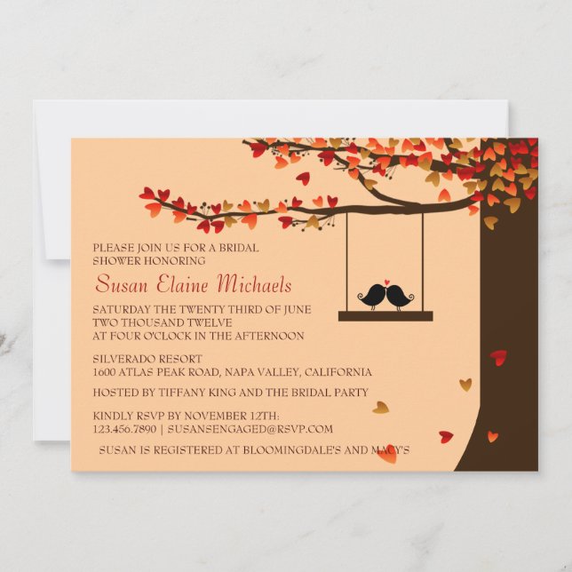 Love Birds Falling Hearts Oak Tree Bridal Shower Invitation (Front)
