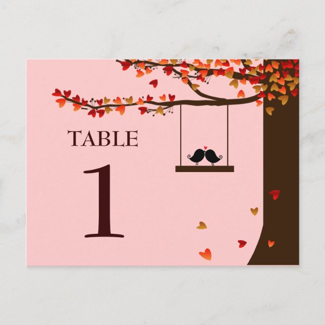 Love Birds Falling Hearts Oak Tree Table Number (Front)