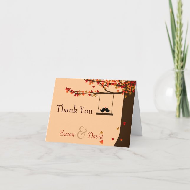 Love Birds Falling Hearts Oak Tree Thank You Note (Front)