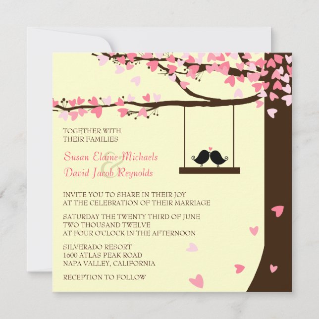 Love Birds Falling Hearts Oak Tree Wedding Invite (Front)