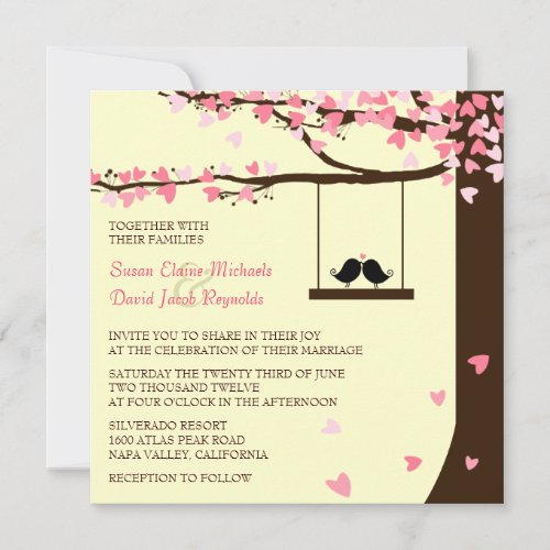 Love Birds Falling Hearts Oak Tree Wedding Invite