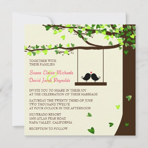 Love Birds Falling Hearts Oak Tree Wedding Invite