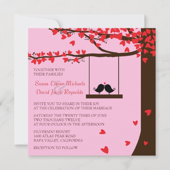 Love Birds Falling Hearts Oak Tree Wedding Invite (Front)