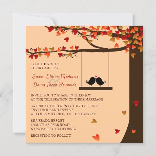 Love Birds Falling Hearts Oak Tree Wedding Invite
