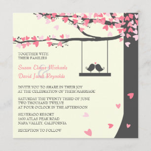 Love Birds Falling Hearts Pink Grey Oak Tree Invitation