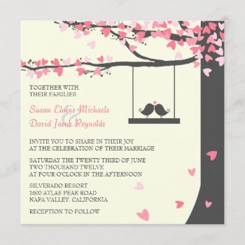 Love Birds Falling Hearts Pink Grey Oak Tree Invitation by InvitationBlvd at Zazzle
