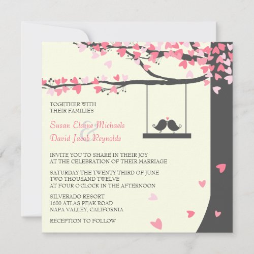 Love Birds Falling Hearts Pink Grey Oak Tree Personalized Announcements