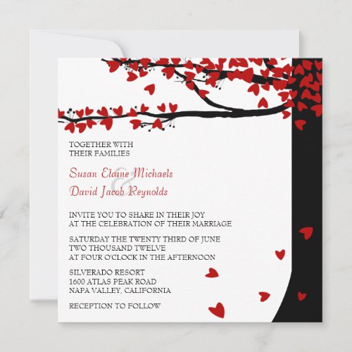 Love Birds Falling Hearts Red Black Oak Tree Invite