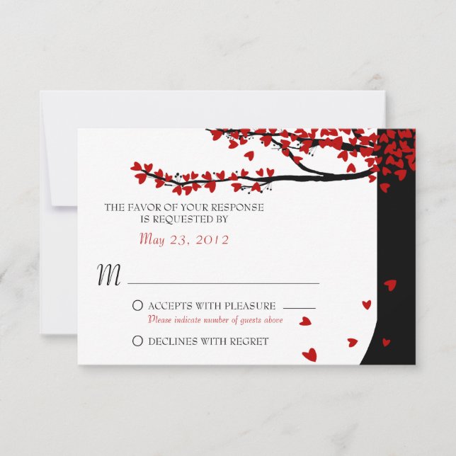 Love Birds Falling Hearts Red Black RSVP Card (Front)