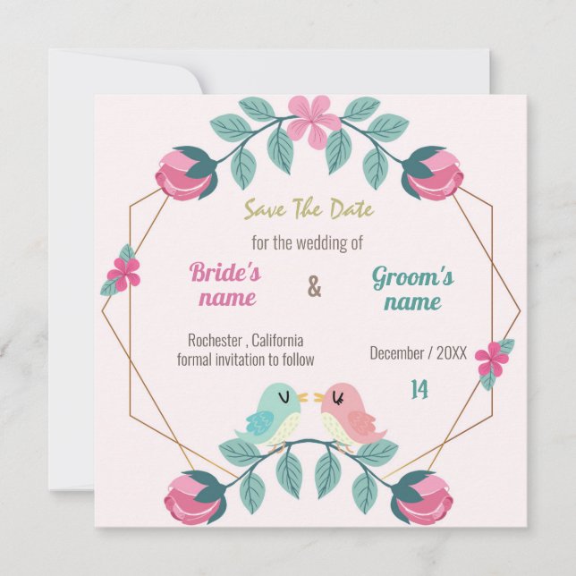 love birds  floral save the date card (Front)