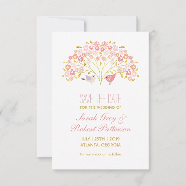 Love Birds Flower Tree Wedding Save The Date Card (Front)