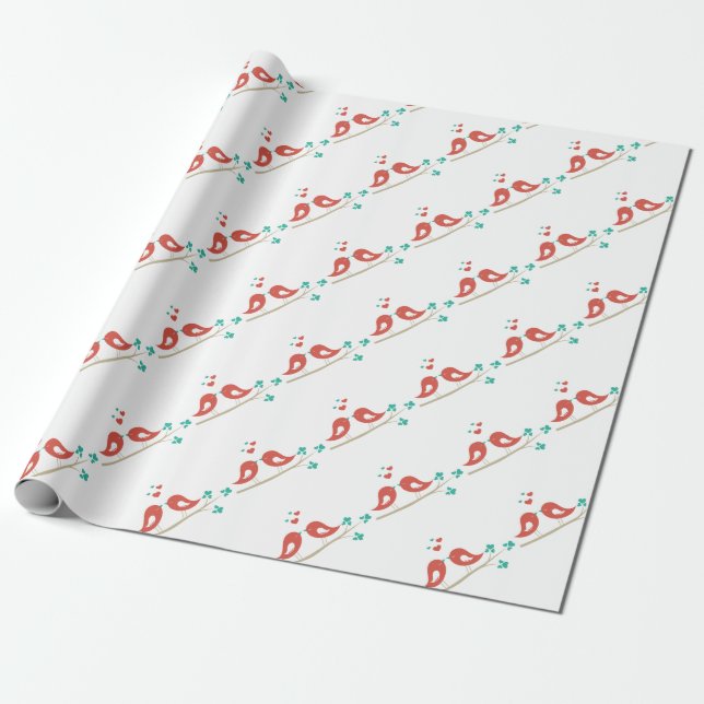 Love Birds Folk Art Wrapping Paper (Unrolled)