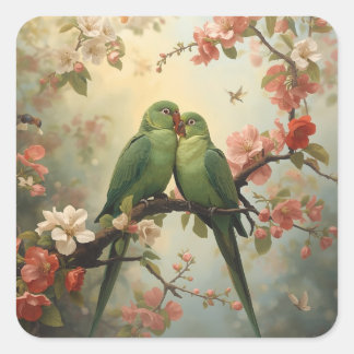 Love Birds | Green Parrots Among Blossoms Square Sticker