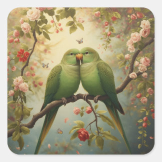 Love Birds | Green Parrots Among Blossoms Square Sticker