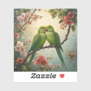 Love Birds   Green Parrots Among Blossoms  Sticker