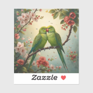 Love Birds | Green Parrots Among Blossoms Sticker