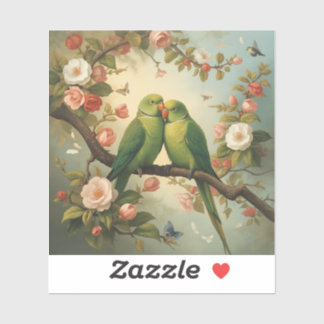 Love Birds | Green Parrots Among Blossoms Sticker