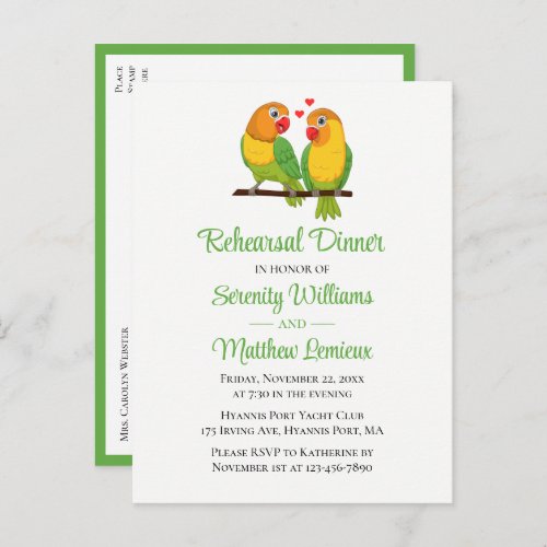 Love Birds Green Wedding Lovebird Rehearsal Dinner Invitation Postcard