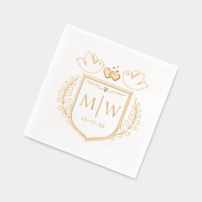 Love Birds Heart Crest 2 Initial Wedding Monogram Foil Napkins (Left)