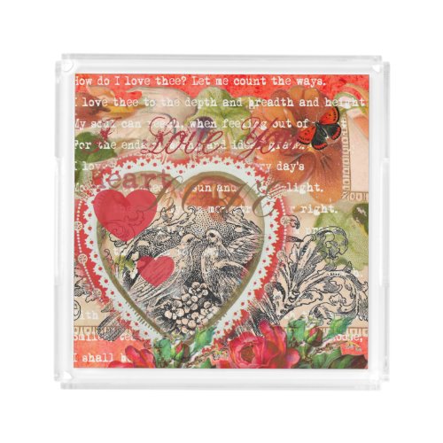Love Birds Heart Red Art Collage Acrylic Tray