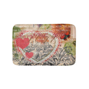 Love Birds Heart Red Art Collage Bathroom Mat