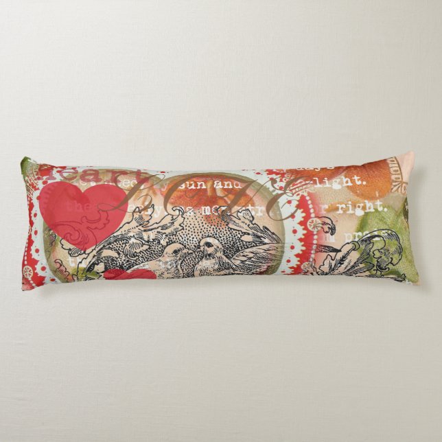 Love Birds Heart Red Art Collage Body Pillow (Back)