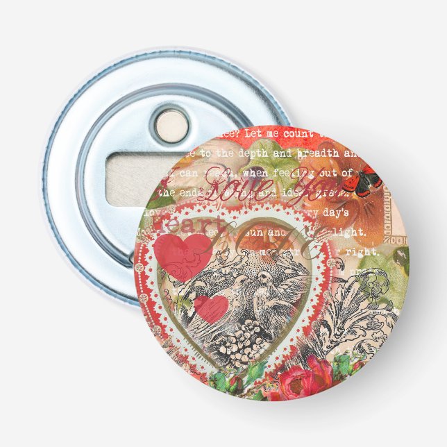 Love Birds Heart Red Art Collage Bottle Opener (Front)