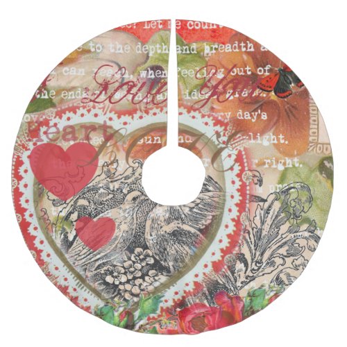 Love Birds Heart Red Art Collage Brushed Polyester Tree Skirt