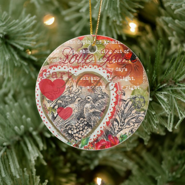 Love Birds Heart Red Art Collage Ceramic Ornament (Tree)
